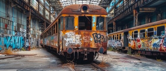 Obraz premium Old rusty electric train abandoned on unused siding. An old vintage abandoned rusty train station with o lot of graffiti. Generative ai
