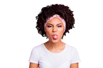 Close up photo amazing beautiful she her dark skin funky lady grinning tongue out mouth impolite not smiling jealous silly wear head scarf casual white t-shirt isolated pink bright background