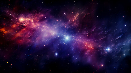 Obraz premium A tranquil cosmic background featuring healing energy pulses from a radiant galaxy core. Wisps of light in gold and violet hues