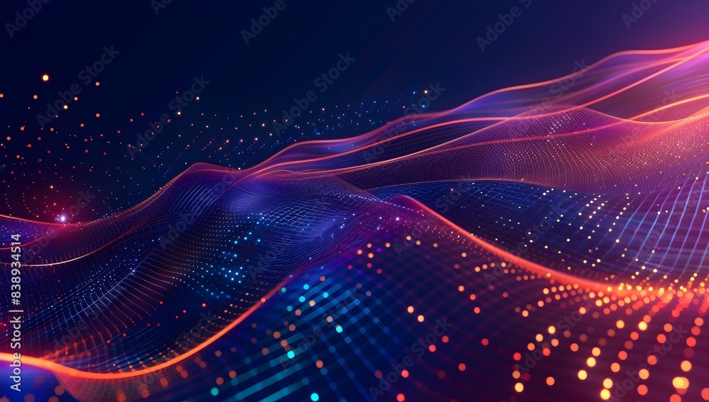 Poster abstract digital wave background with glowing particles and data visualization elements, ai technolo