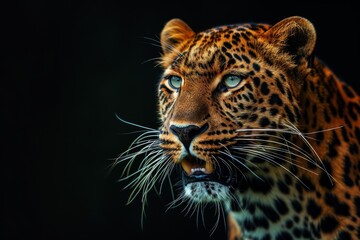 Mystic portrait of African Leopard in studio, copy space on right side, Anger, Menacing, Headshot, Close-up View Isolated on black background