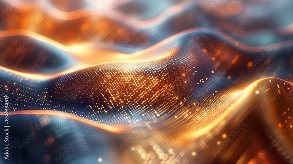 Poster a close-up image of a swirling abstract wave with a gradient mesh pattern, featuring orange and blue