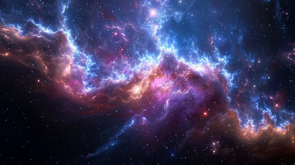 Fototapeta premium A tranquil cosmic background featuring healing energy pulses from a radiant galaxy core. Wisps of light in gold and violet hues