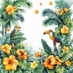 Lush Tropical Rainforest Watercolor Wall Art - Detailed Foliage with Large Leaves, Birds, and Flowers in Light Blue Green Tones on White Background - High Resolution
