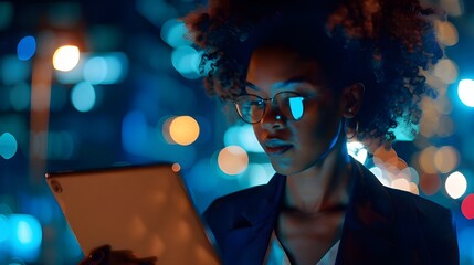 A black woman, an evening job, and a tablet for media research, social media, and internet administration. Young woman working in website analytics, planning, data analysis, or technology 