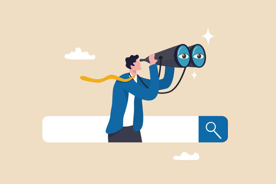 Search and discovery career or job opportunity, looking for job vacancy, marketing insight, find new success, research or observation concept, businessman look with spyglass, binoculars on search bar.