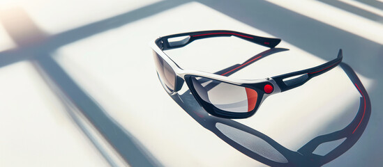 Glasses for sports banner. Sports glasses with colored lenses on light background with shadows. Glasses for outdoor activities. Sports Sunglasses still life. Optic store, eyewear, sunglass sale