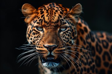 Fototapeta premium Mystic portrait of African Leopard in studio, copy space on right side, Anger, Menacing, Headshot, Close-up View Isolated on black background