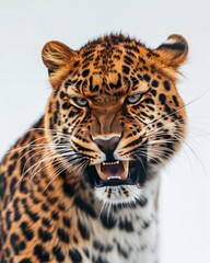 Obraz premium Mystic portrait of Amur Leopard, copy space on right side, Anger, Menacing, Headshot, Close-up View Isolated on white background