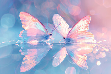 Beautiful butterflies flying in pink and blue smoke, pastel colors, fantasy background, soft lighting