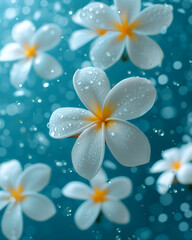 Fototapeta premium A close up of a bunch of white flowers with droplets of water on them. The flowers are arranged in a way that they appear to be floating in the air. Concept of serenity and tranquility