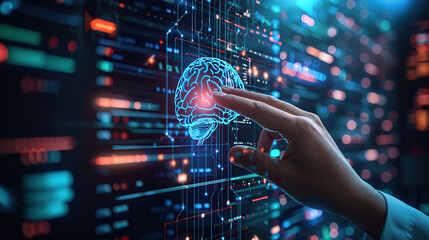 Artificial Intelligence and medical science concept, hand touching digital brain hologram on modern computer screen with data and code background