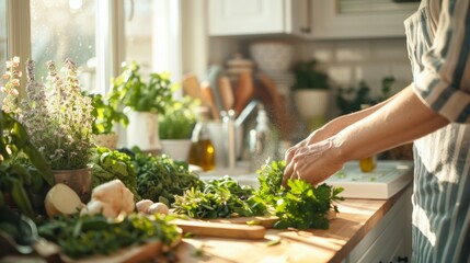 A charming scene of a spring recipe being prepared, hands chopping fresh herbs and vegetables, in a bright kitchen. The background features light-colored cabinets, fresh ingredients on the counter,