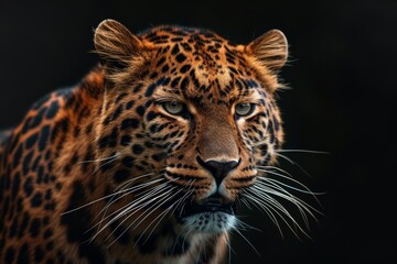 Naklejka premium Mystic portrait of Amur Leopard in studio, copy space on right side, Anger, Menacing, Headshot, Close-up View Isolated on black background