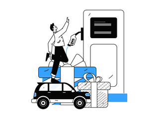 Vector Internet operation hand-drawn illustration of people getting discounts for refueling their cars
