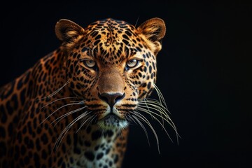 Fototapeta premium Mystic portrait of Asian Leopard in studio, copy space on right side, Anger, Menacing, Headshot, Close-up View Isolated on black background