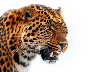 Obraz premium Mystic portrait of Asian Leopard in studio, copy space on right side, Anger, Menacing, Headshot, Close-up View Isolated on white background