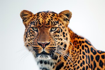 Obraz premium Mystic portrait of Asian Leopard in studio, copy space on right side, Anger, Menacing, Headshot, Close-up View Isolated on white background