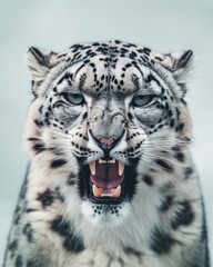 Obraz premium Mystic portrait of Snow Leopard, copy space on right side, Anger, Menacing, Headshot, Close-up View Isolated on white background
