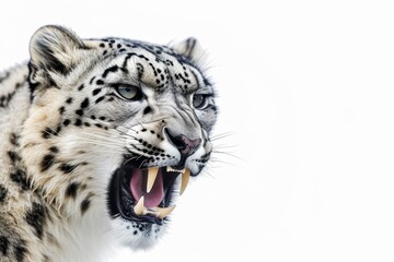 Mystic portrait of Snow Leopard in studio, copy space on right side, Anger, Menacing, Headshot, Close-up View Isolated on white background
