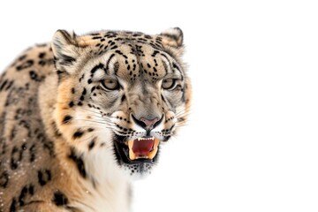 Fototapeta premium Mystic portrait of Snow Leopard in studio, copy space on right side, Anger, Menacing, Headshot, Close-up View Isolated on white background