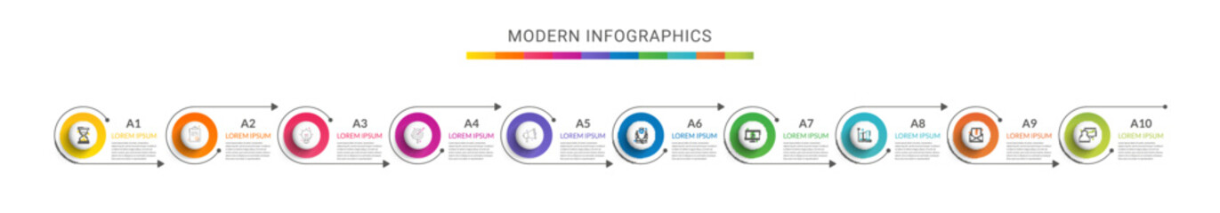 Vector timeline infographics template with ten circles and options. Blank space for web, infographic, diagram, business, digital network, flowchart, presentations