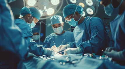 Surgeons in a sterile operating room concentrate on performing a complex operation.