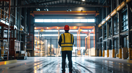 A worker in a reflective vest and protective helmet stands in a large industrial warehouse, looking through an open gate.
