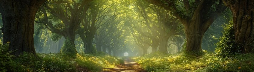 Enchanting Forest Pathway with Sunlight Filtering Through Lush Green Canopy in Serene Woodland Setting