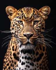 Obraz premium the African Leopard, portrait view, white copy space on right Isolated on black background