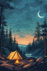 Night Camping in a Forest with Starry Sky and Crescent Moon - Tranquil Wilderness Scene with Tent and Campfire by a River