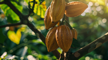 Ripe cocoa pods on a tree branch, surrounded by lush green leaves in the background, highlighting the natural beauty of agriculture.