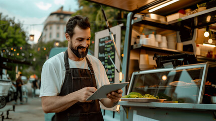 A man using a tablet in front of a food truck, possibly managing orders or inventory.