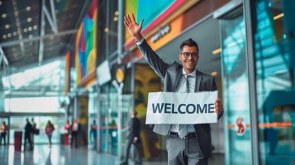 The man with welcome sign