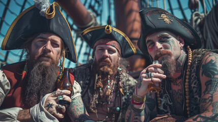 Fototapeta premium Three tattooed men dressed as pirates are talking on the wooden deck of a ship, holding a bottle in their hands.