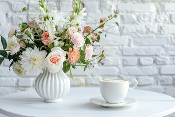 White Table with Flower Bouquet, Coffee Cup on White Brick Wall Background, Morning Greeting Card