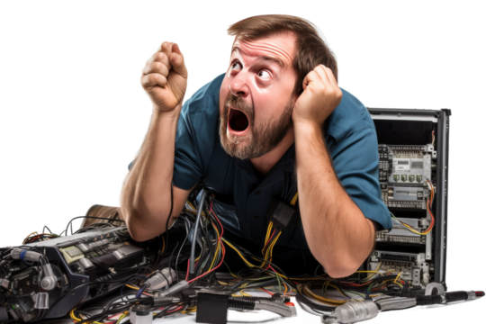 The Man Entangled in a Web of Wires on a White or Clear Surface PNG Transparent Background..