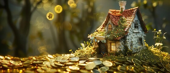 Fototapeta premium A charming cottage symbolizing the housing market bubble, nestled among a pile of gold coins