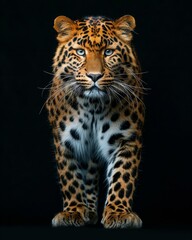 the Amur Leopard, portrait view, white copy space on right Isolated on black background