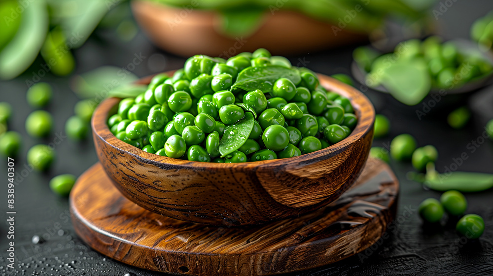 Wall mural A bowl of green peas is on a wooden table. The bowl is placed on a wooden tray, which is on a dark table