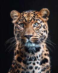 the Amur Leopard, portrait view, white copy space on right Isolated on black background