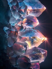 Obraz premium Glowing quartz crystal cluster with magical light flares, iridescent mineral geode in dark background, fantasy gemstone background