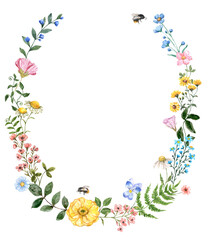 A wildflowers oval wreath, hand-painted watercolor illustration. The botanical frame is filled with summer flowers and foliage. PNG clipart.