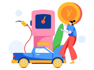 Vector Internet operation hand-drawn illustration of people getting discounts for refueling their cars
