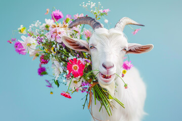 cute white goat sticking out its tongue with flowers on its head stands in the blue pastel background, natural day light