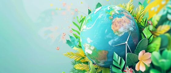 Naklejka premium A dynamic scene featuring a brightly colored globe encompassed by renewable energy sources