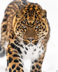 Obraz premium the Amur Leopard, portrait view, white copy space on right Isolated on white background