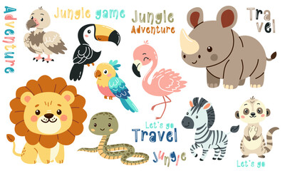 Fototapeta premium Set of flat vector illustrations in children's style of savannah animals. Cute rhinoceros lemur lion flamingo toucan vulture vulture snake zebra parrot tiger giraffe leopard cheetah lettering. Vector
