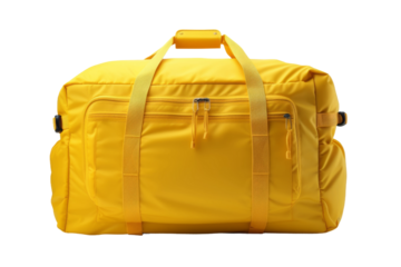 Sunshine Escape: Vibrant Yellow Duffel Bag Waiting to Journey Forward on a White or Clear Surface PNG Transparent Background..
