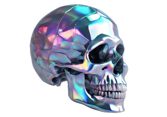 Holographic skull with vibrant colors isolate on transparent background, cutout, png